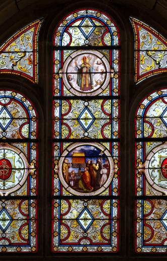 Église Saint-Martin de Mardié. Translation des reliques de saint Martin, vitrail (1872)